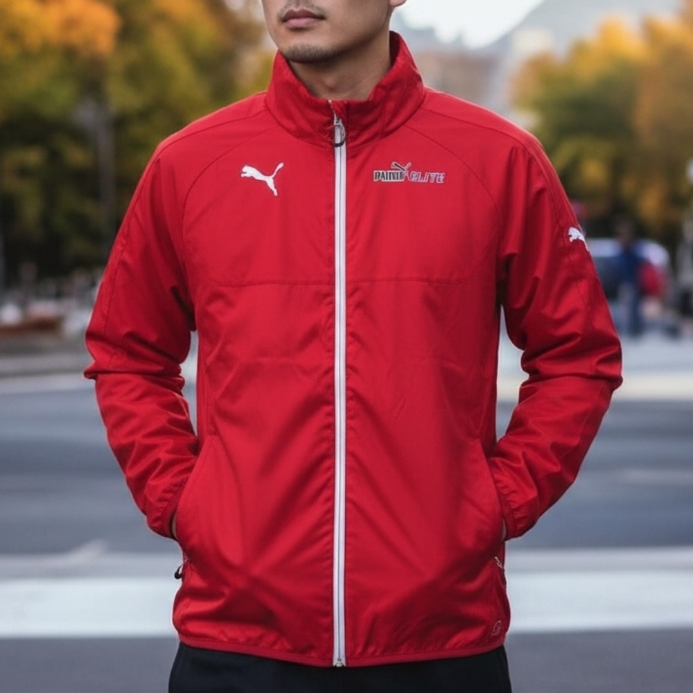PUMA Elite Mens Medium Windbreaker Jacket Full Zip Red Nylon Packable Hood Rain